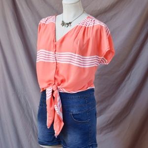 Peach Flowy tie top with denim high waisted shorts